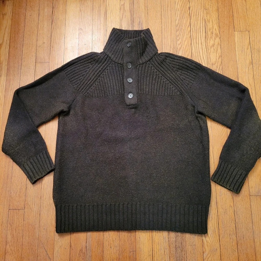 Banana Republic L Merino Wool Mock Neck Chunky Sweater Green Preppy‎ Academia